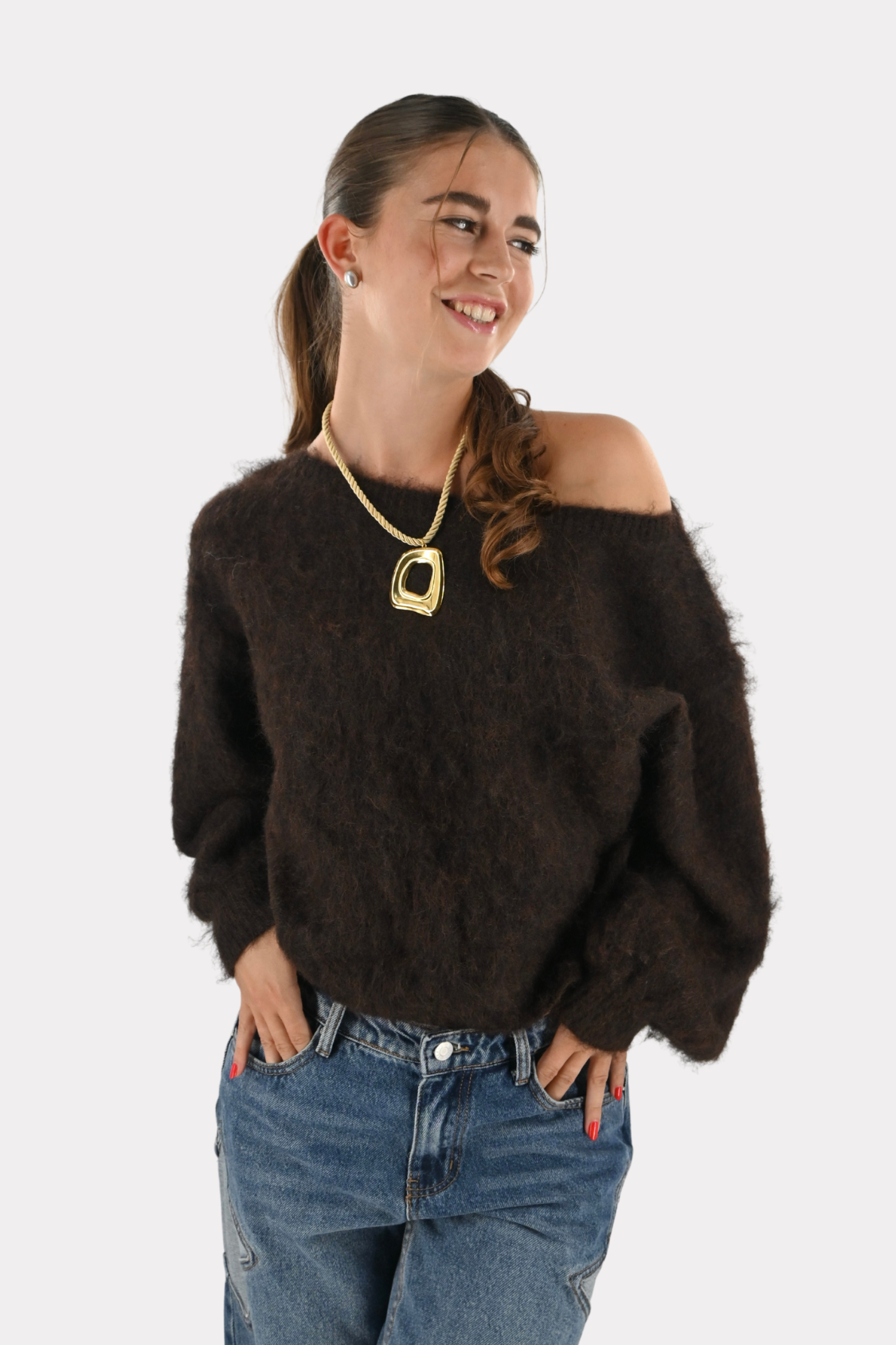 Maira™ | Off shoulder-stickad tröja
